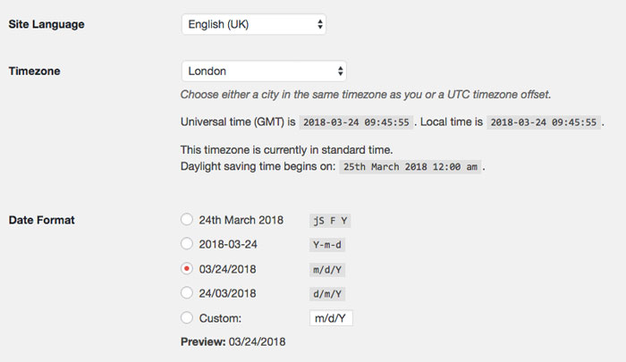Change language, time and date in WordPress