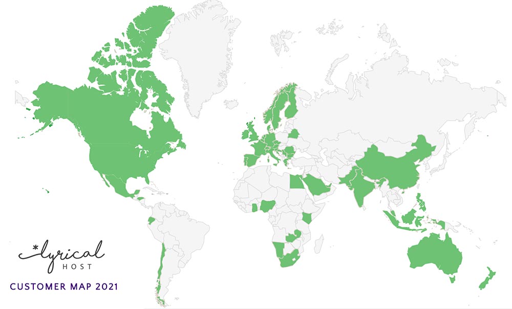 Map of the world showing countries with Lyrical Host customers, 2021