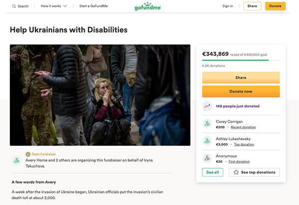 Screenshot of GoFundMe for Ukrainians With Disabilities