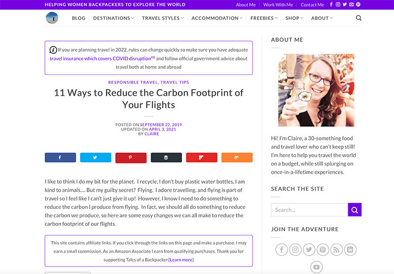 tales-of-a-backpacker-post-on-reducing-carbon-emisions-with-photo-of-woman-holding-flower-in-sidebar