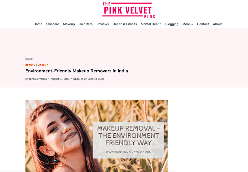  the-pink-velvet-homepage-with-environment-friendly-makeup-removers-in-india-on-pink-border-with-image-of-girl-smiling-in-field