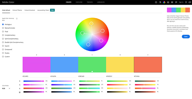 adobe color wheel which shows multiple colors and a wheel of color
