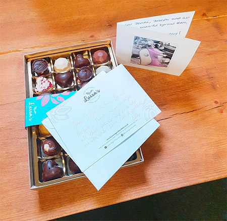 Desk with chocolates and cards from customers.