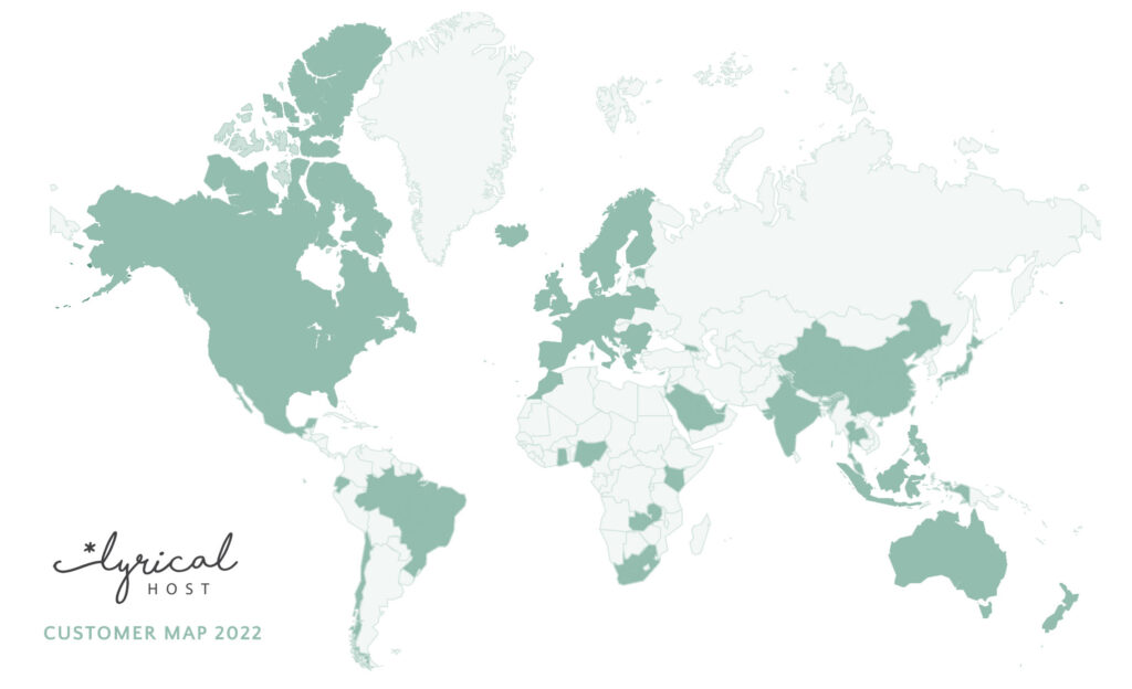 World map showing countries with Lyrical Host customers, spanning US to UK to Australia.