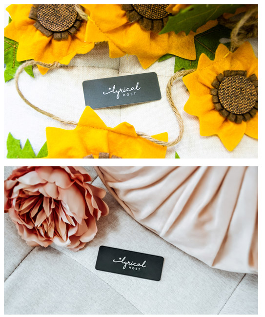 Preview of fabric sunflowers with card and fabric rose on sofa with card.