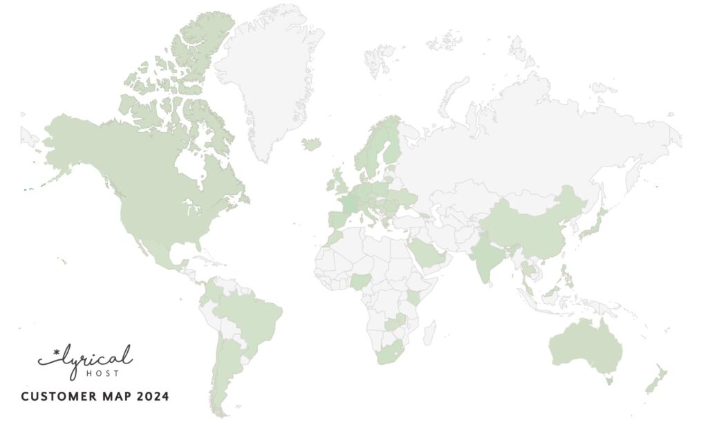 Map showing the countries of the world with Lyrical Host customers in 2024