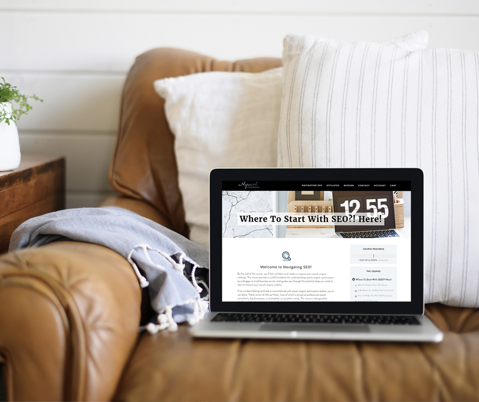 Laptop on sofa with Navigating SEO course screenshot