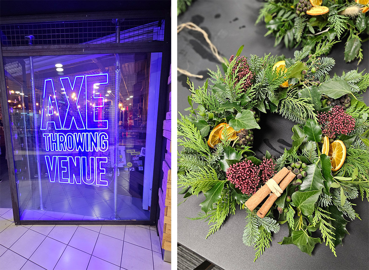 Side by side images showing the sign of the axe throwing venue and a Christmas wreath